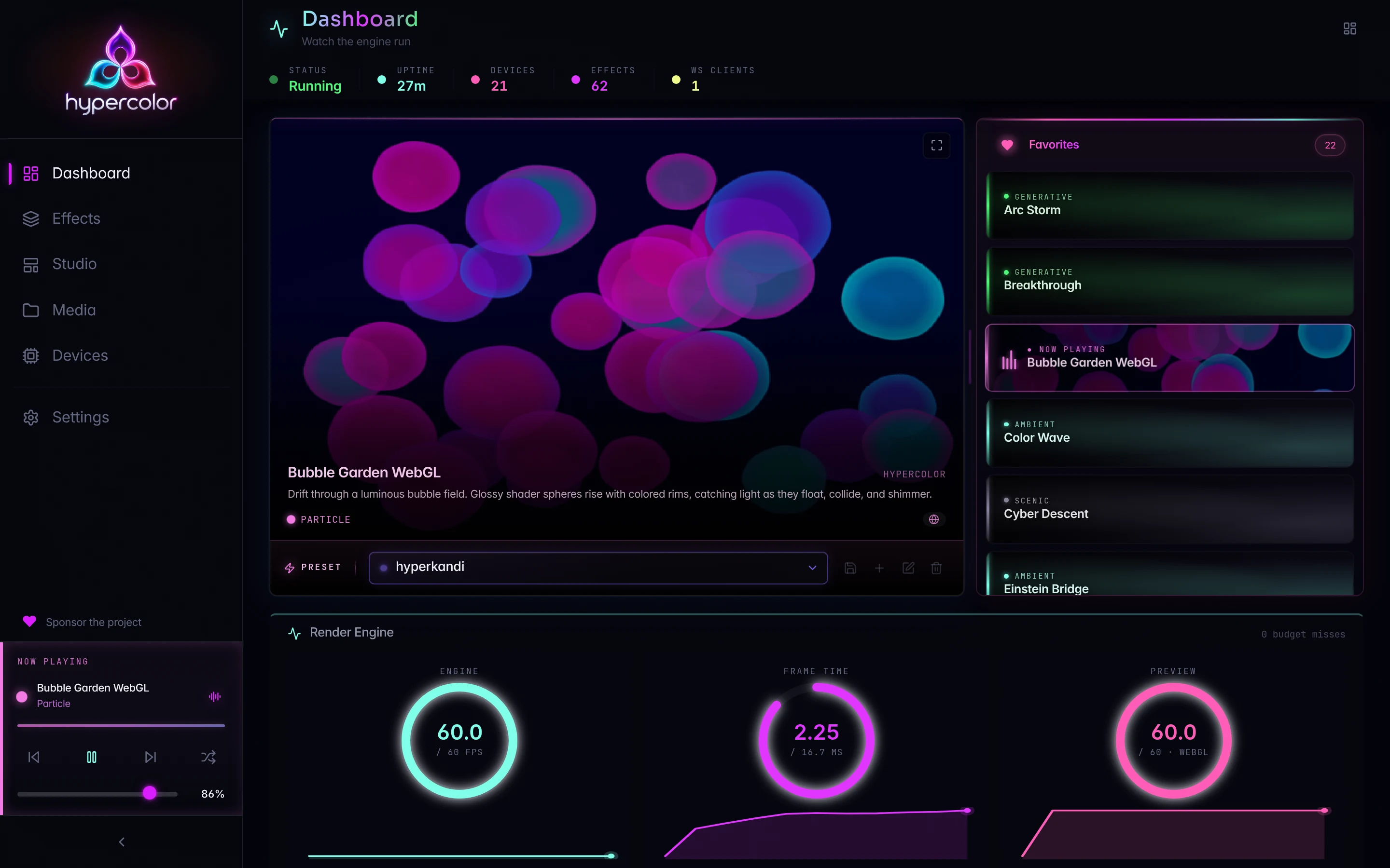 Hypercolor dashboard: live effect preview, favorites rail, and render engine gauges at 60 fps