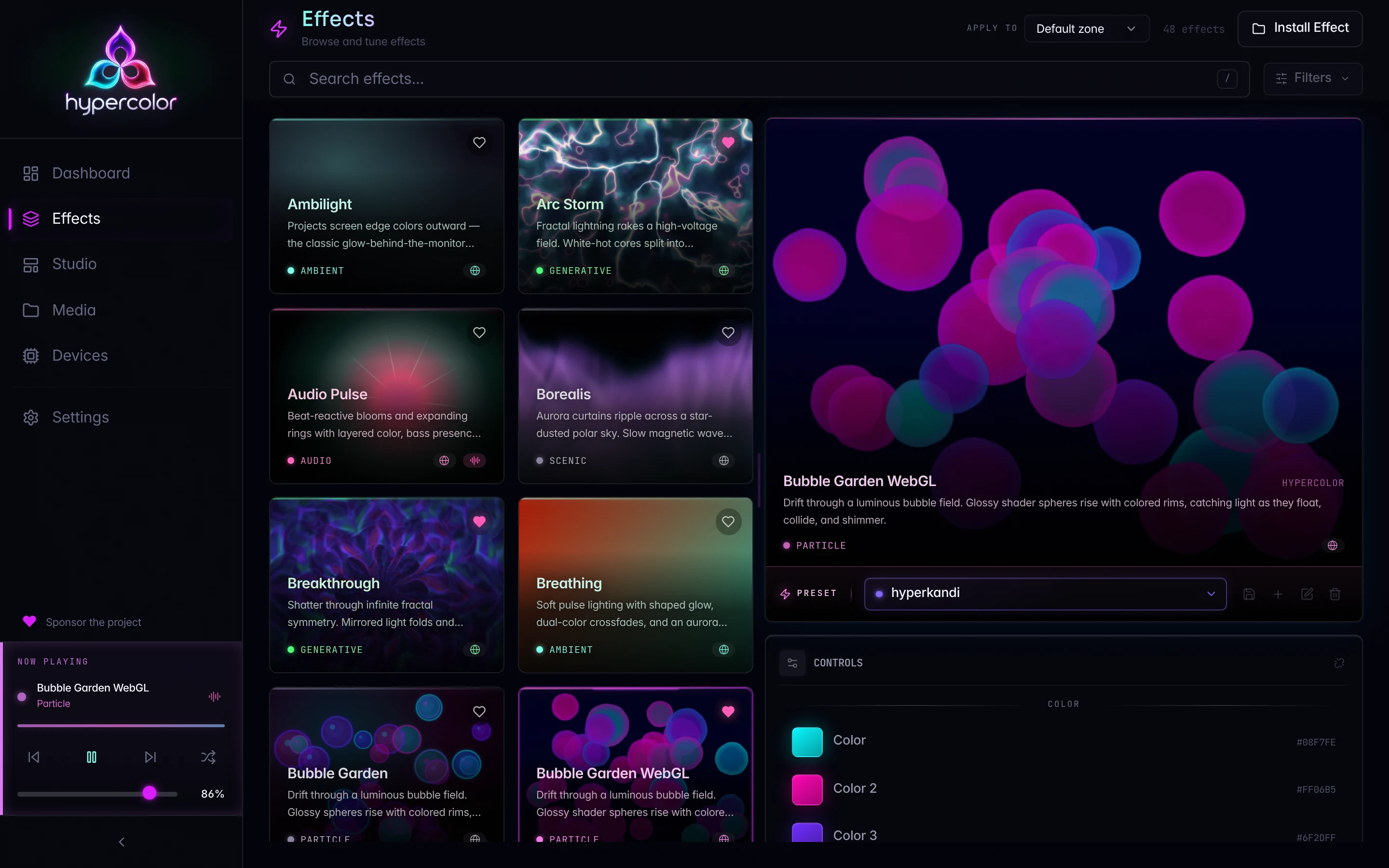 Hypercolor effects browser: live effect tiles with the selected effect playing alongside its controls