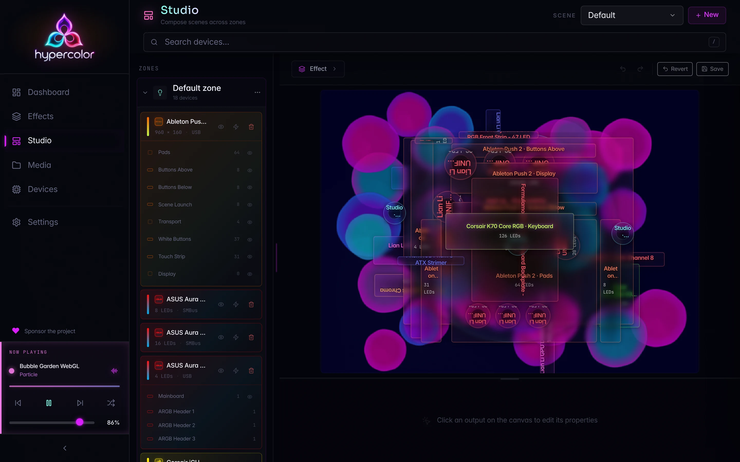 Hypercolor Studio: physical devices mapped over the live render canvas in the spatial editor